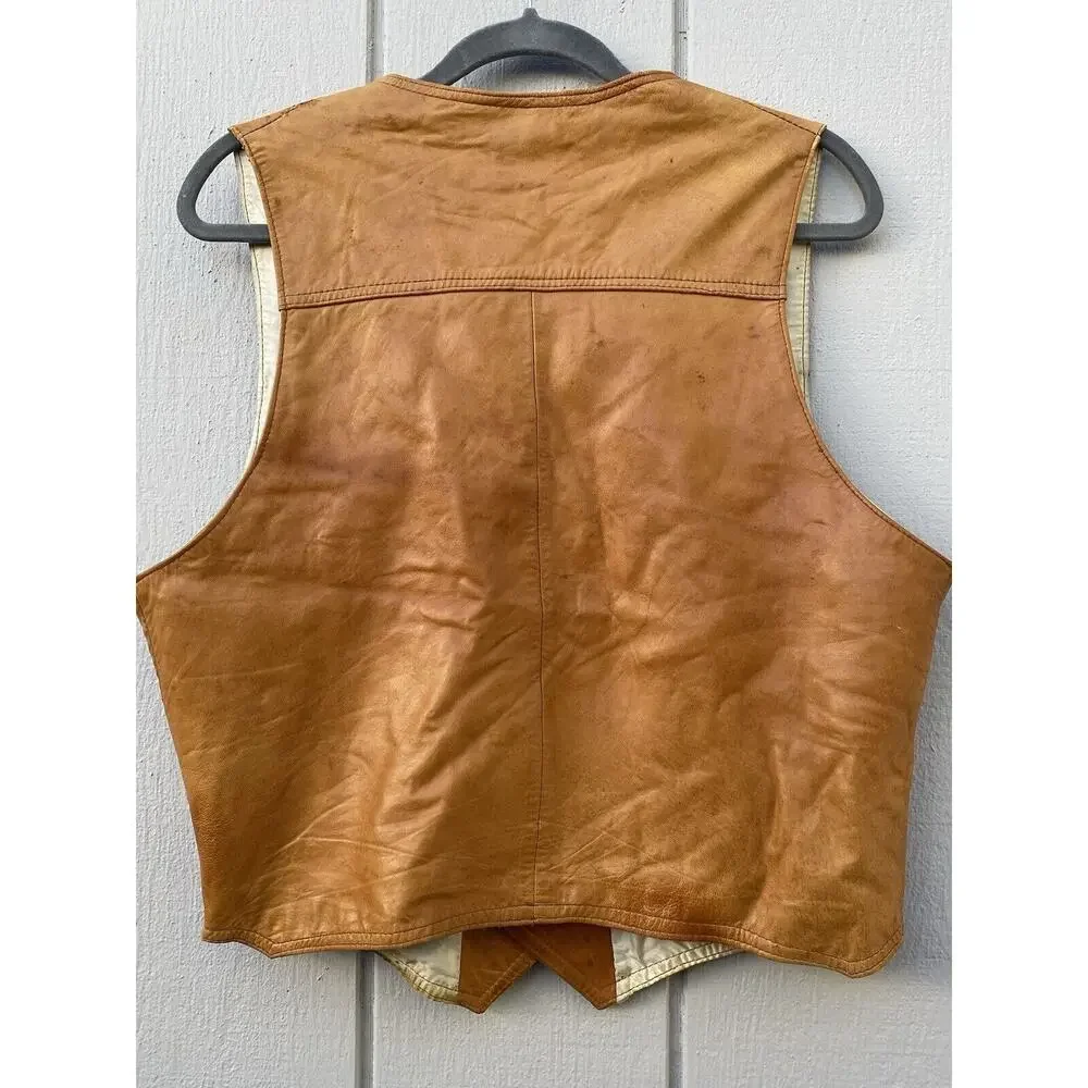 Genuine Leather Men's Vintage Button Vest Made in‎ Mexico Size 44 Tan/Brown